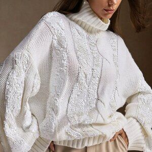 White Casual Women's Loose Fit High Neck Sequin Knit Pullover Sweater